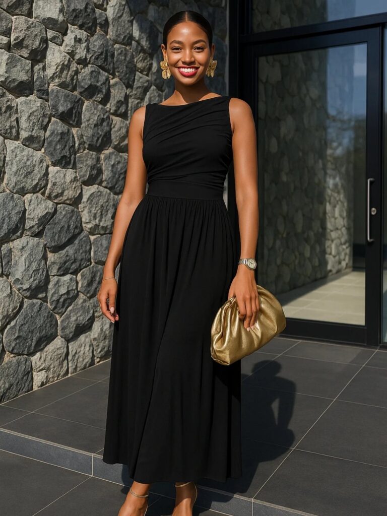 A smiling woman posing in a long black sleeveless dress and gold accessories.