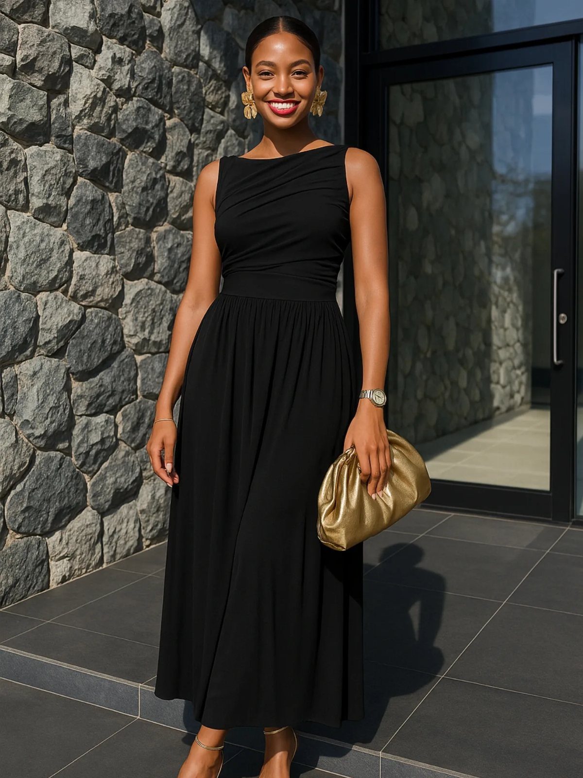 A smiling woman posing in a long black sleeveless dress and gold accessories.