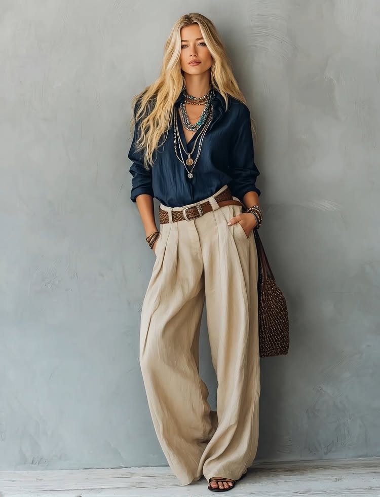A blonde woman wearing a navy silk blouse and beige wide-leg trousers with layered necklaces.