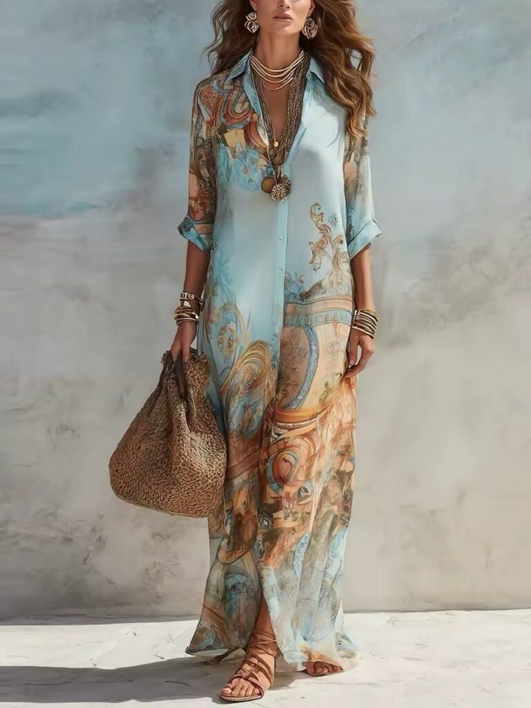 Woman in a flowing blue patterned maxi dress holding a large woven straw tote bag.