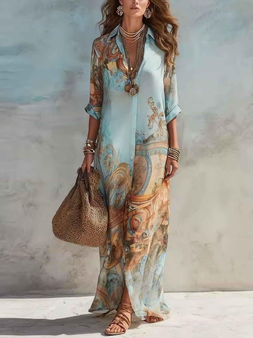 Woman in a flowing blue patterned maxi dress holding a large woven straw tote bag.