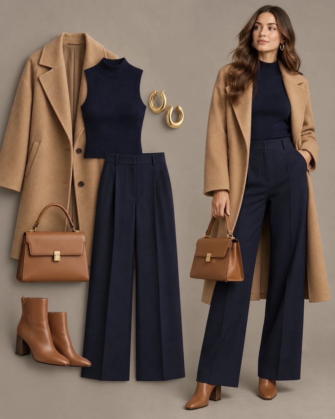 A woman wearing a navy sleeveless top, wide-leg trousers, and a camel coat holding a handbag.