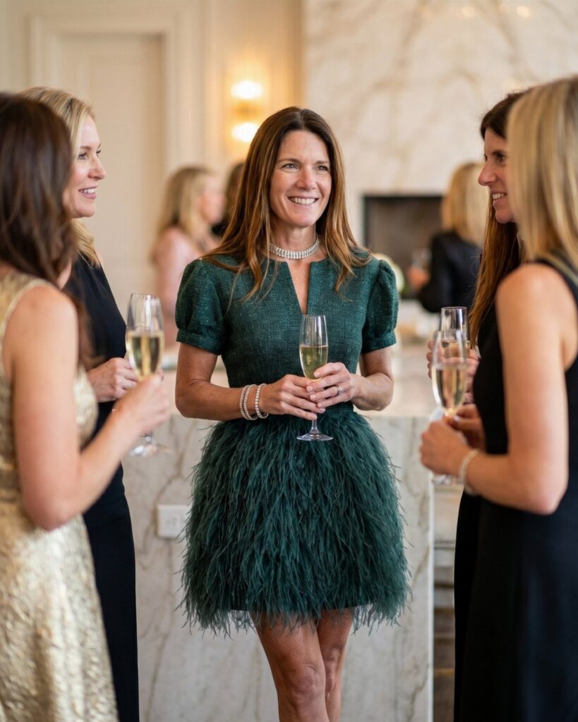 A woman in a green feathered cocktail dress holds a glass of champagne at a party.