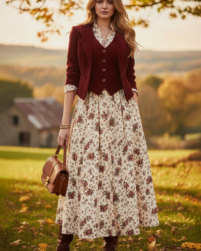 A woman wearing a burgundy velvet suit and floral skirt standing in an autumn field.