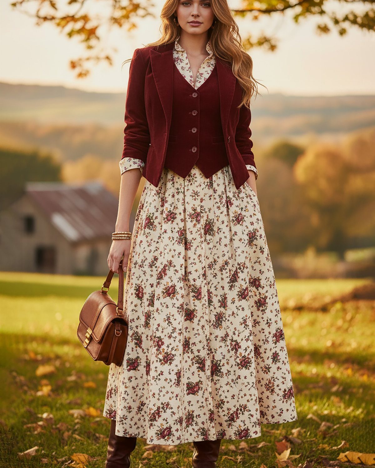 A woman wearing a burgundy velvet suit and floral skirt standing in an autumn field.