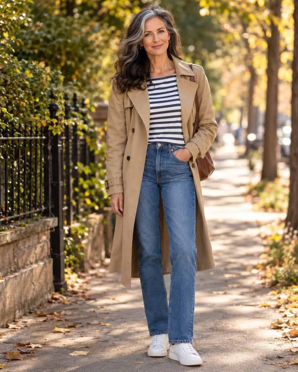 A woman wearing a striped Breton top, blue straight-leg jeans, and a tan trench coat outdoors.