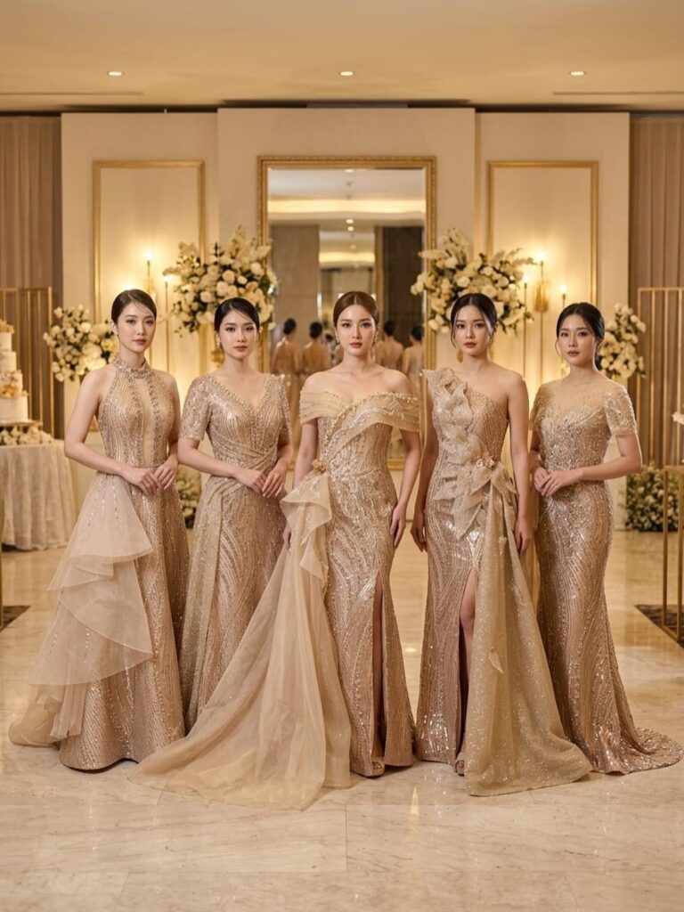Five women posing in elegant, shimmering gold evening gowns in a luxurious ballroom setting.
