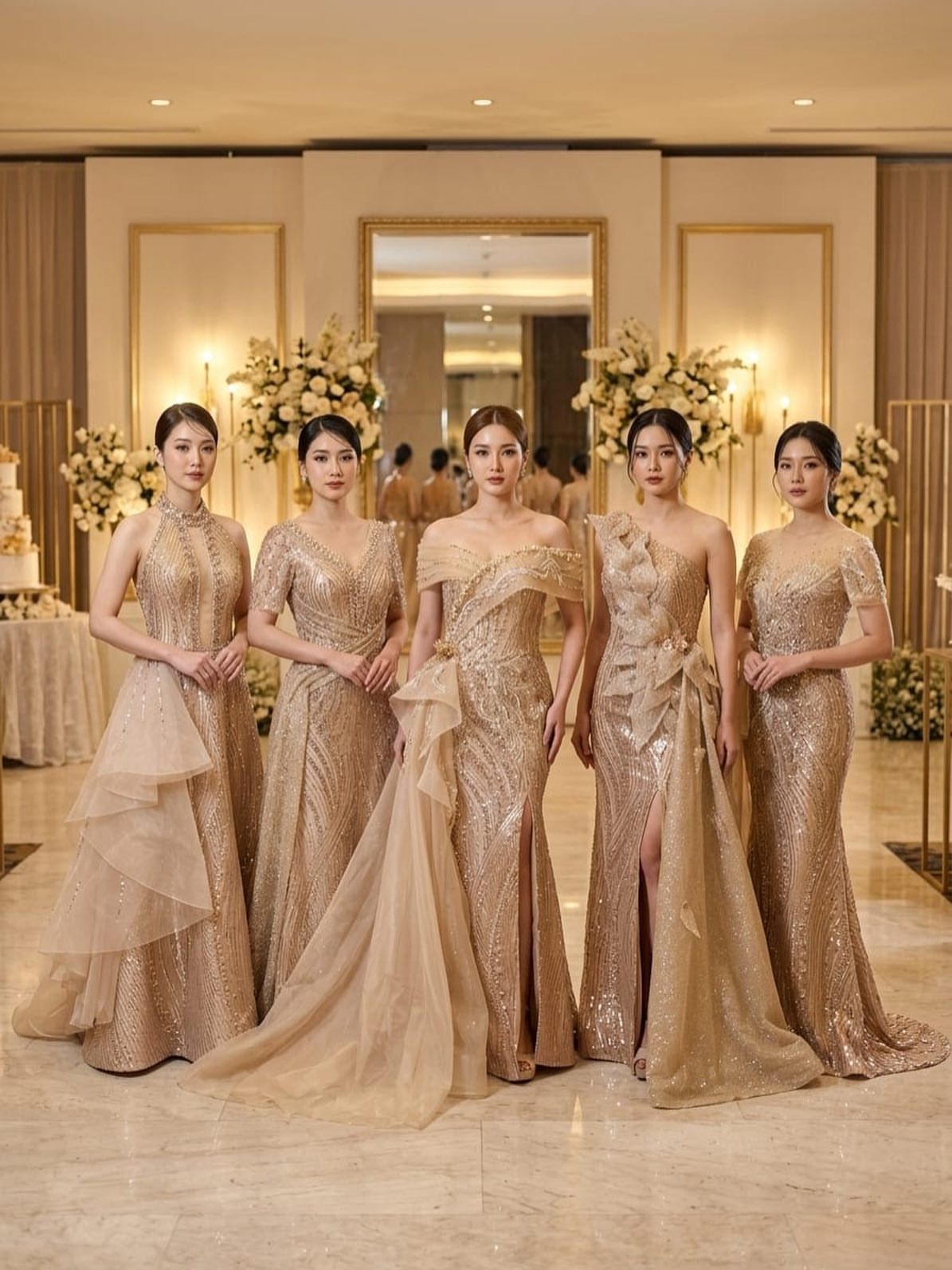 Five women posing in elegant, shimmering gold evening gowns in a luxurious ballroom setting.