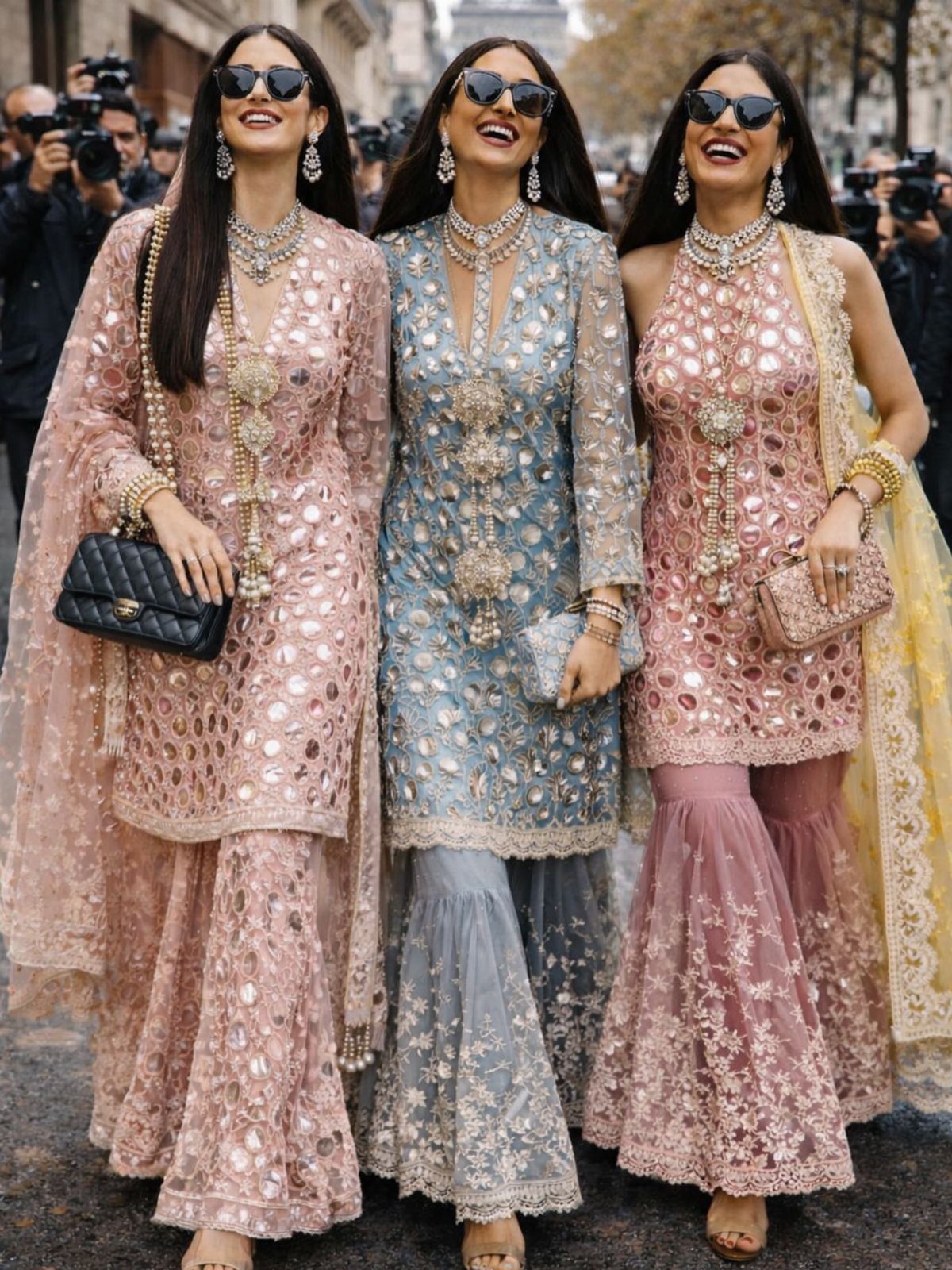 Three women laughing while wearing ornate, heavily embroidered pink and blue Indian designer sharara outfits.