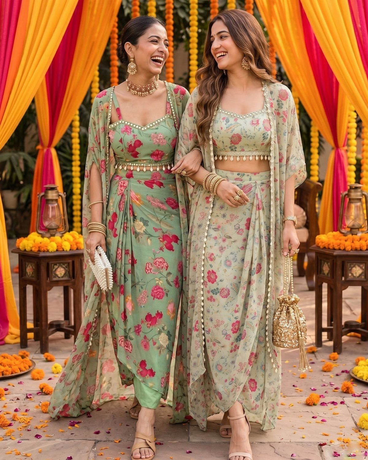 Two women smiling while wearing sage green floral Indo-Western patterned dresses and matching jackets.