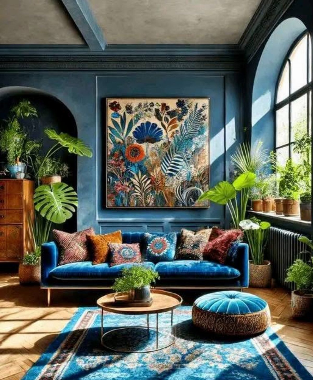 A blue velvet sofa sits in a room with dark blue walls and many green plants.