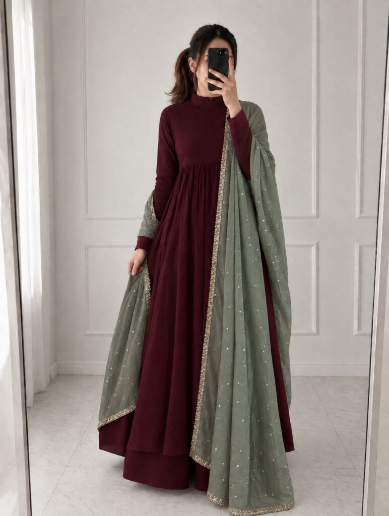 Woman in a maroon maxi dress and sage green embroidered dupatta taking a mirror selfie.