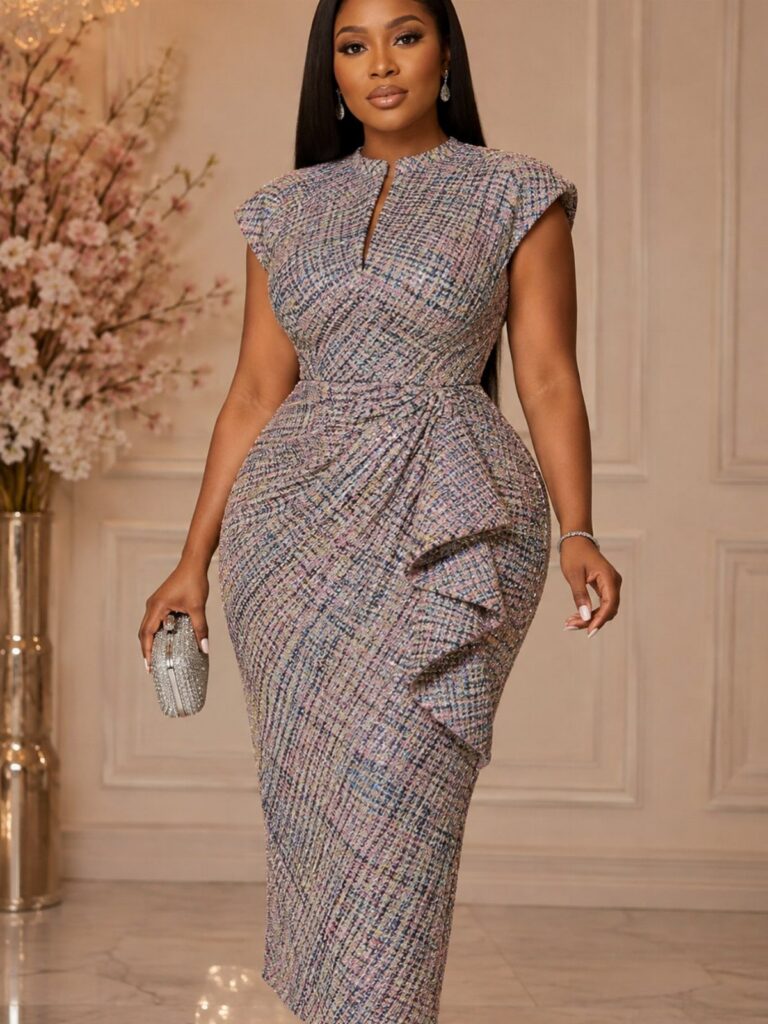 Woman posing in a multi-colored tweed midi dress with a draped ruffle detail.