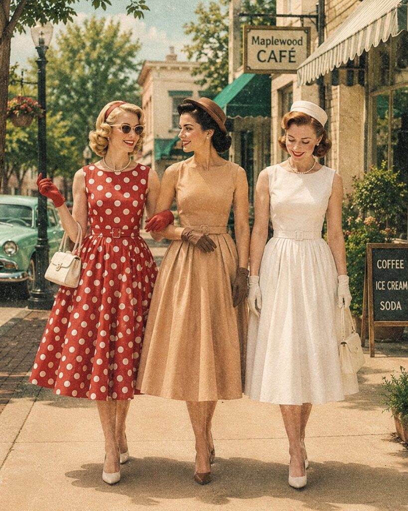 Three women walking down a street wearing various vintage-style dresses and accessories.