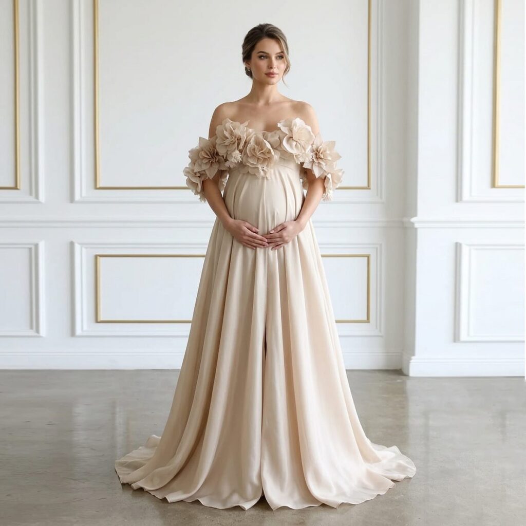 Pregnant woman wearing a champagne floral maternity gown standing in a white paneled room.