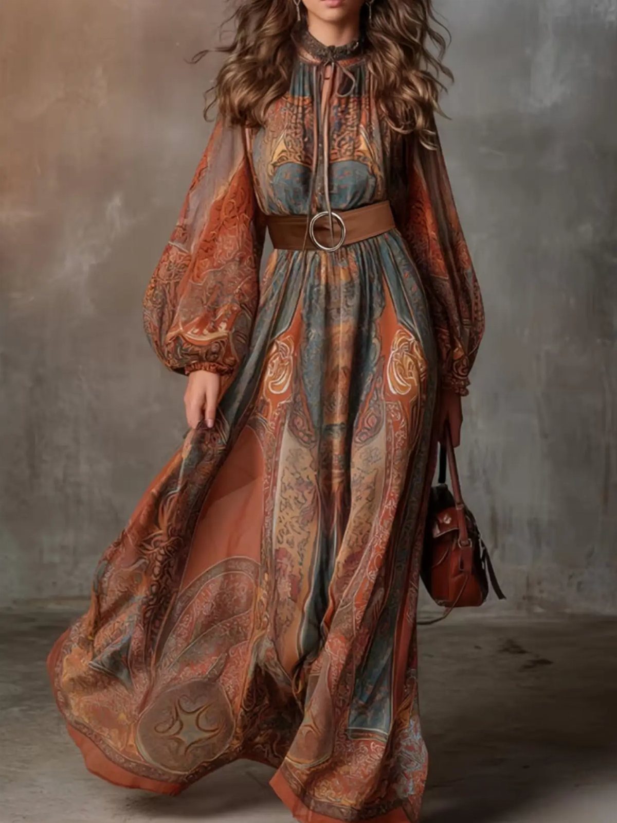 Woman wearing a long bohemian paisley maxi dress with a wide brown leather belt.