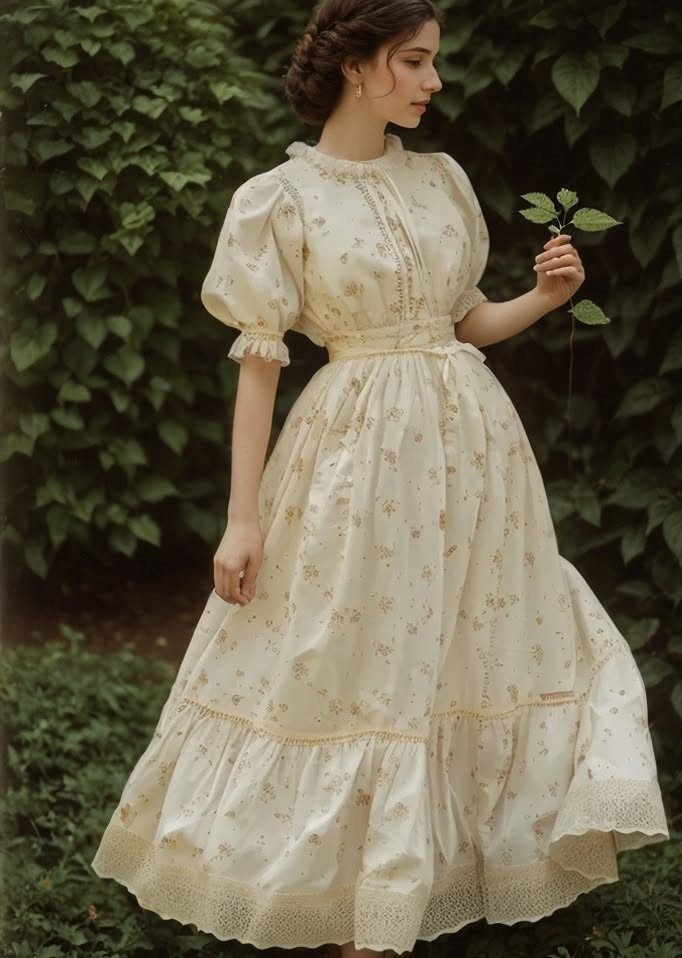 Woman in a cream floral maxi dress with puff sleeves standing in a lush green garden.