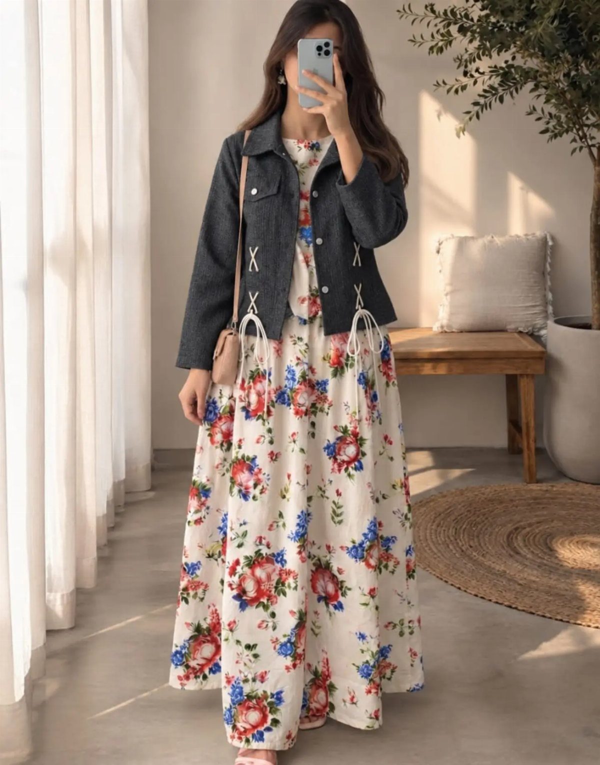 Woman in a floral maxi dress and denim jacket taking a mirror selfie indoors.