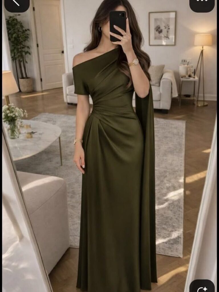 Woman in a long olive green one-shoulder satin dress posing for a mirror selfie.