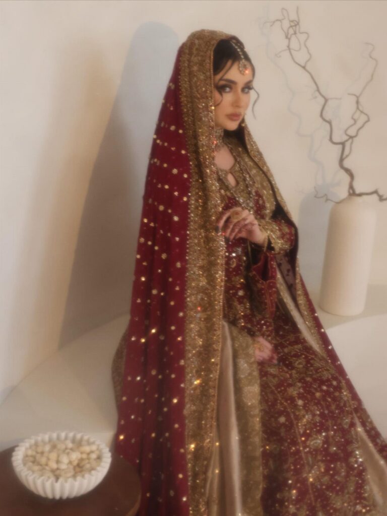 A woman in traditional red and gold Pakistani bridal attire posing in a studio.