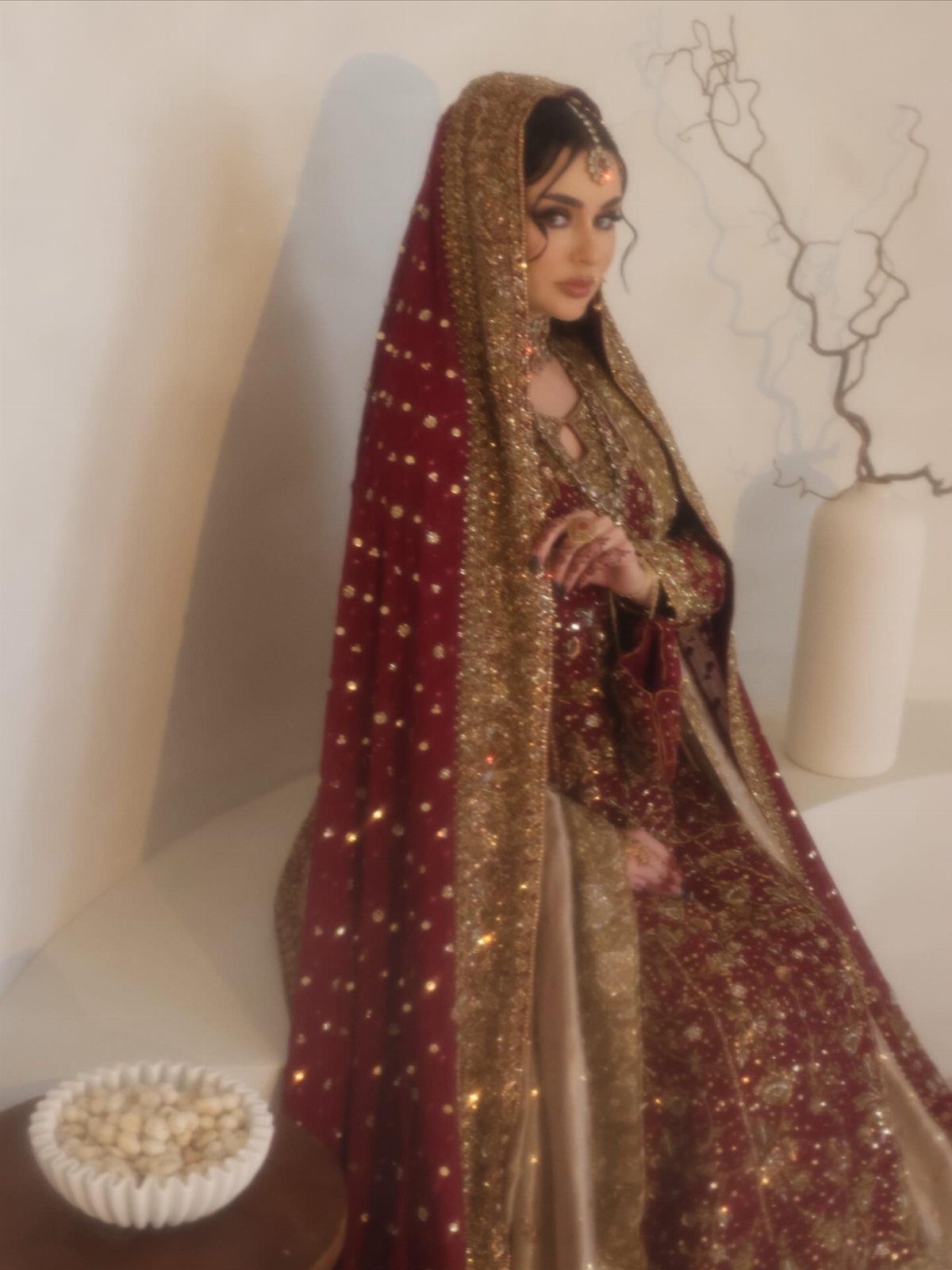 A woman in traditional red and gold Pakistani bridal attire posing in a studio.