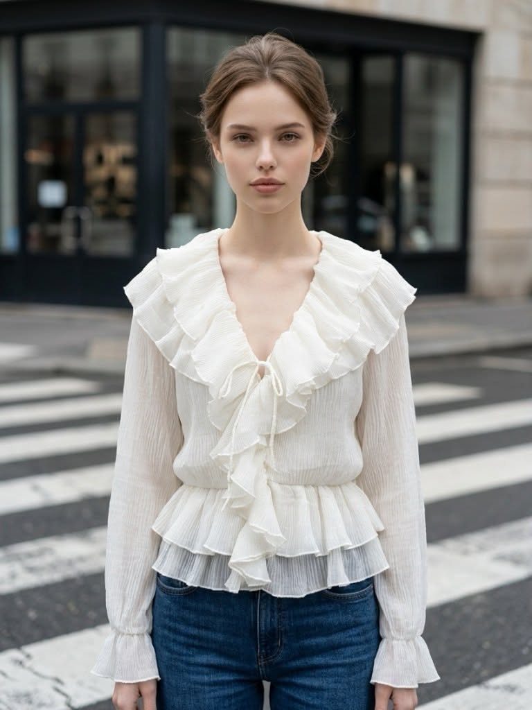 A woman wearing a white ruffled peplum top and blue jeans standing on a city street.