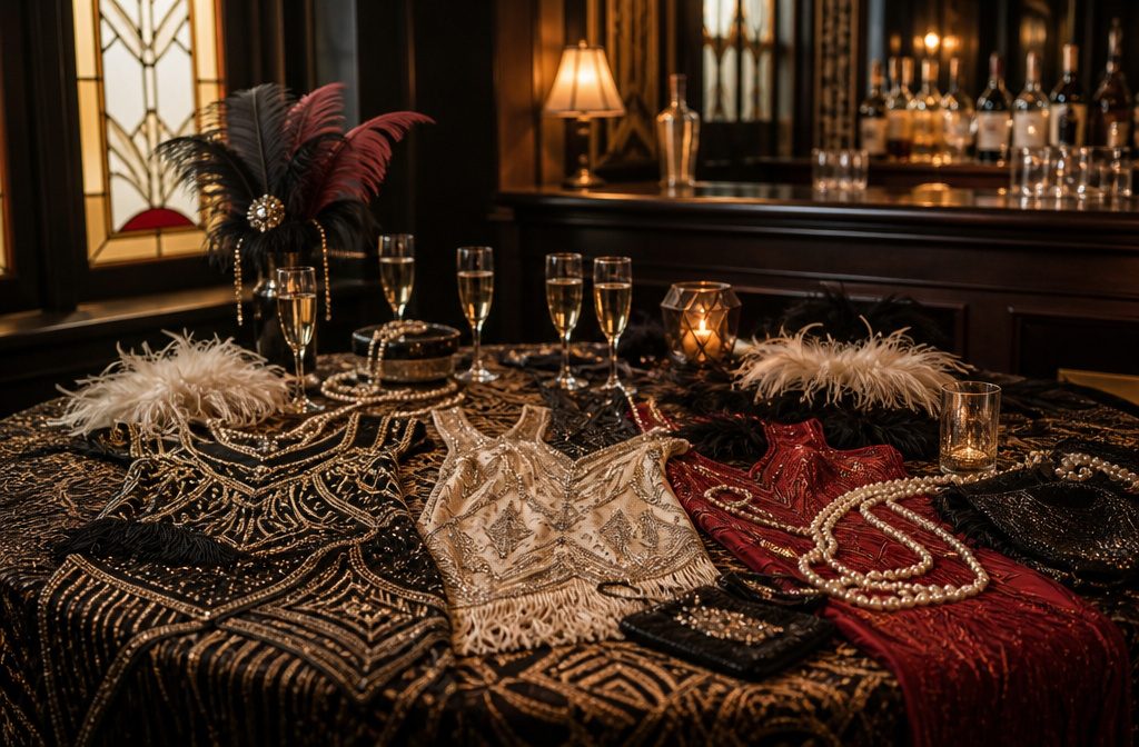 Elegant speakeasy interior with art deco geometric patterns and dim lighting.
