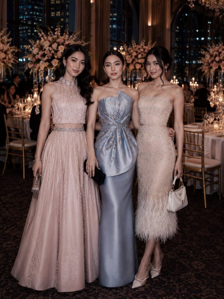 Three women posing in elegant, formal evening gowns at a sophisticated indoor gala event.