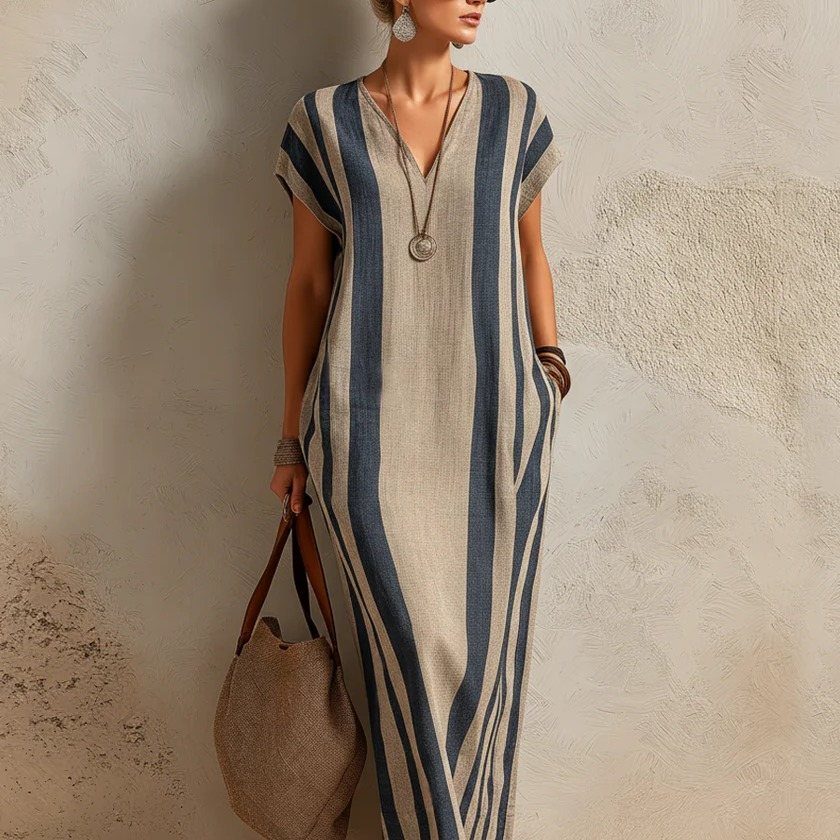 Woman in a blue and beige striped linen maxi dress holding a large burlap tote bag.