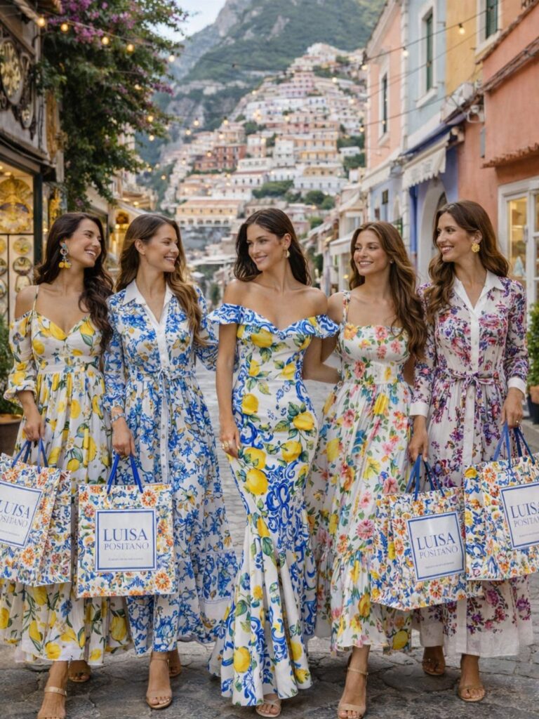 Five women in floral summer dresses walking through a coastal Italian town carrying shopping bags.