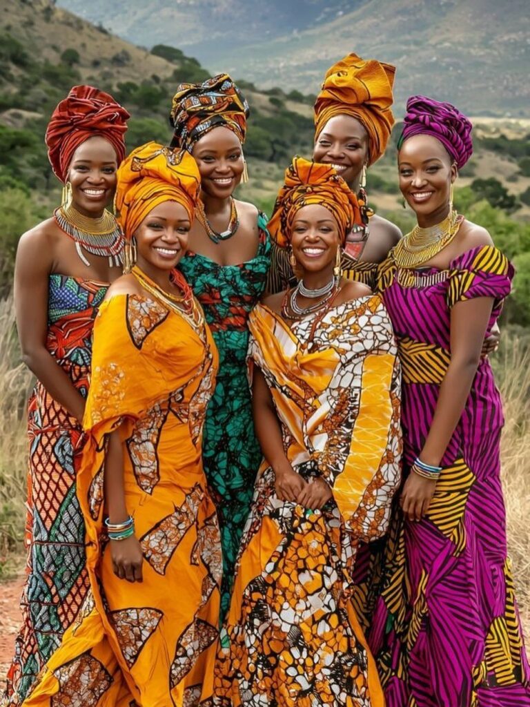 Six smiling women wearing colorful patterned traditional African clothing and headwraps in a natural landscape.