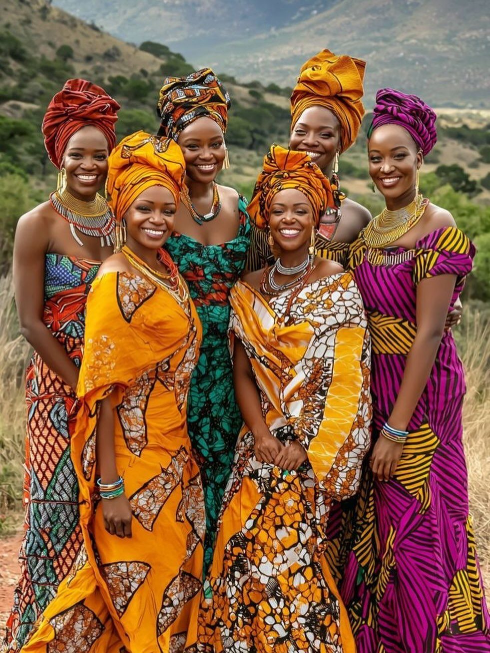Six smiling women wearing colorful patterned traditional African clothing and headwraps in a natural landscape.