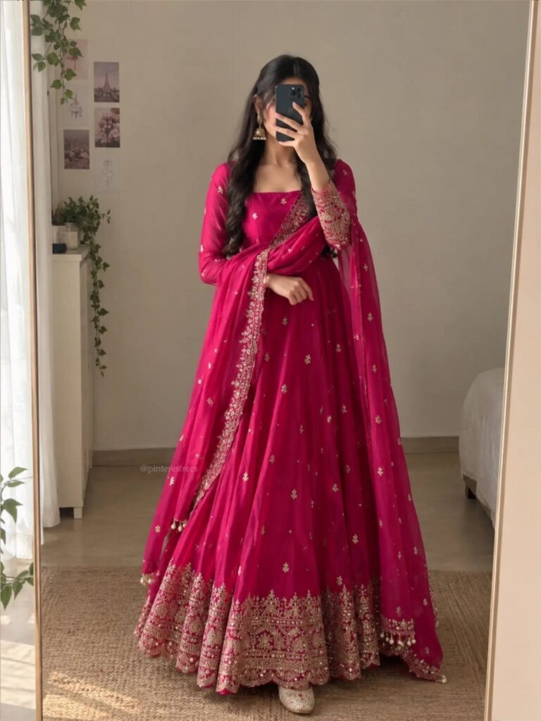 A woman in a pink embroidered lehenga posing for a mirror selfie indoors.