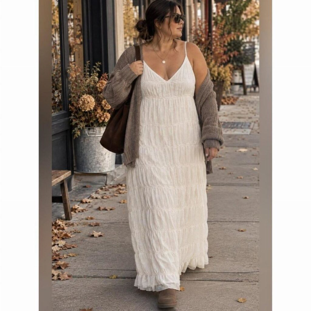 Woman walking outdoors wearing a white tiered maxi dress and a long grey cardigan.